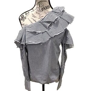 Leith‎ One Shoulder Womens Lng Slve Striped Blouse with Ruffles Navy/White XS